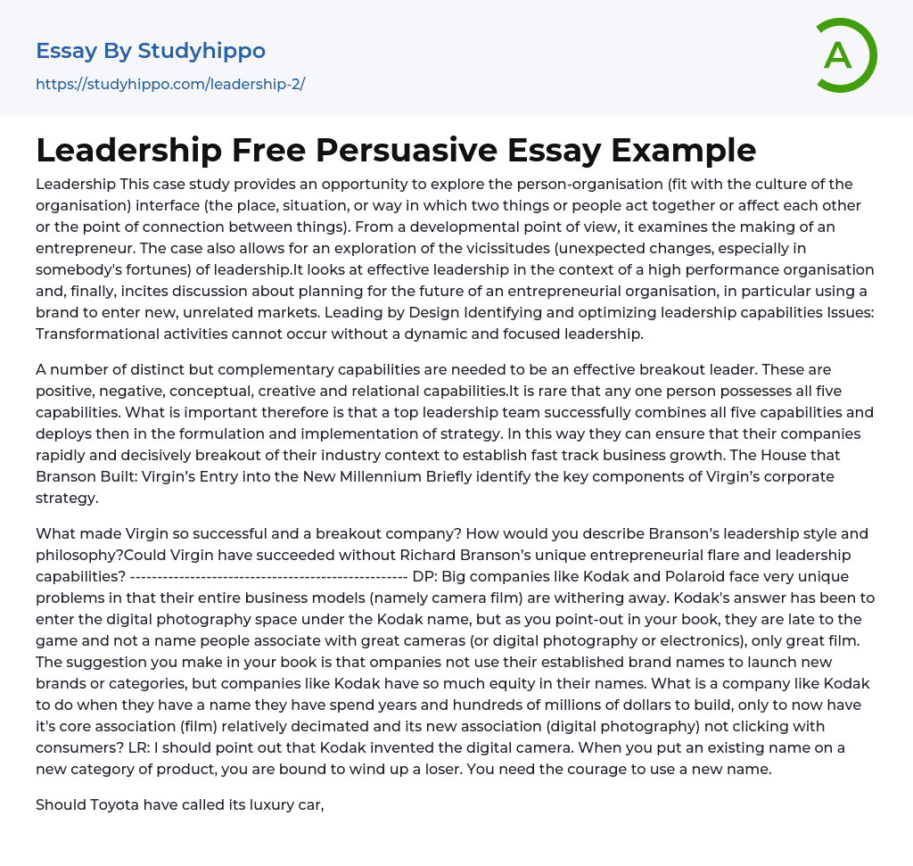 Leadership Free Persuasive Essay Example