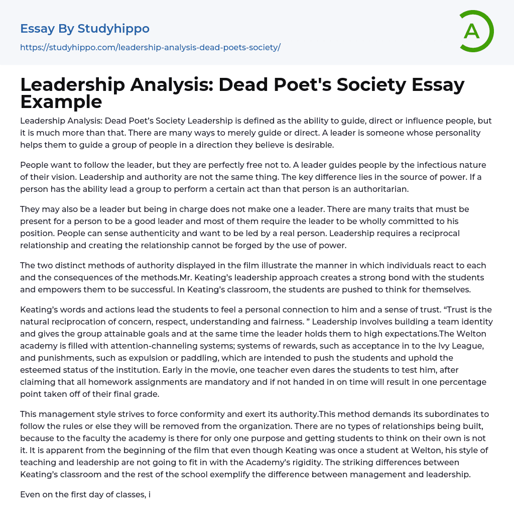 Leadership Analysis: Dead Poet’s Society Essay Example