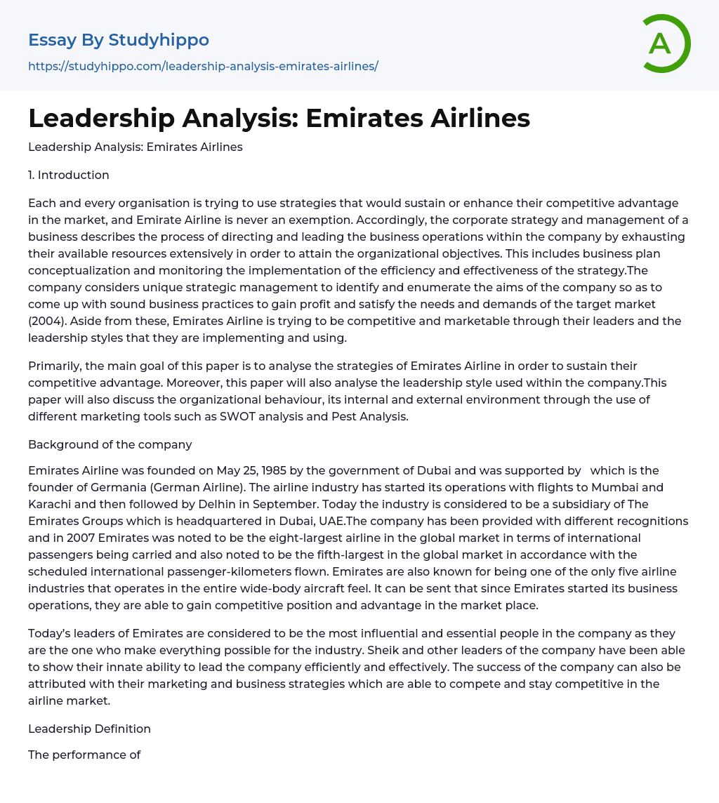 Leadership Analysis: Emirates Airlines Essay Example