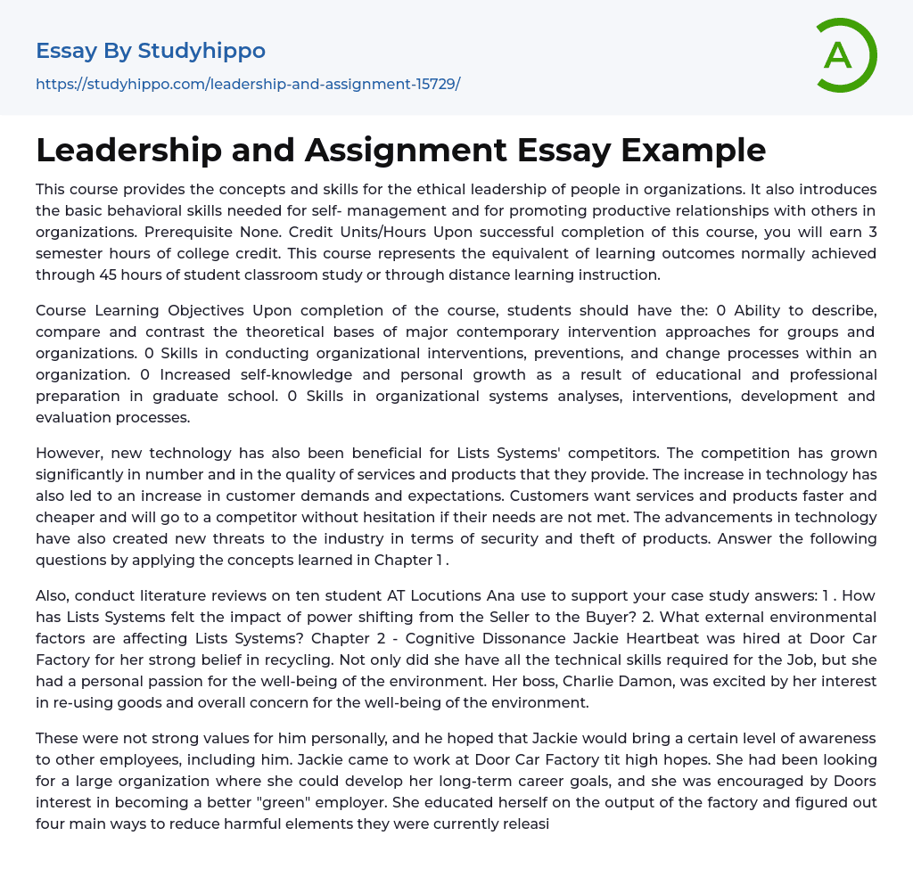 Leadership and Assignment Essay Example