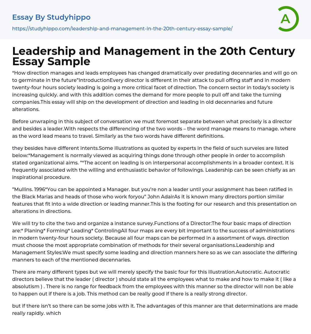 Leadership and Management in the 20th Century Essay Sample