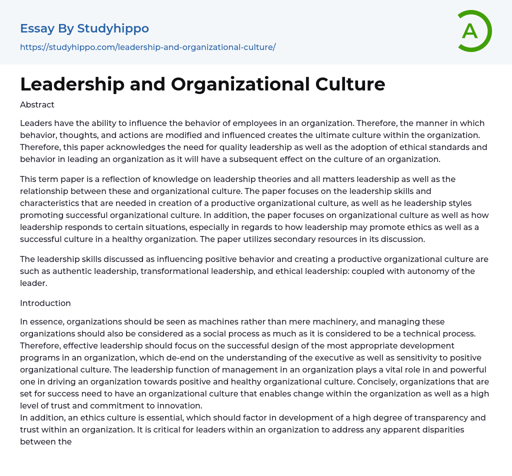 Leadership and Organizational Culture Essay Example
