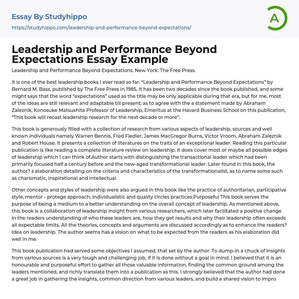 Leadership and Performance Beyond Expectations Essay Example