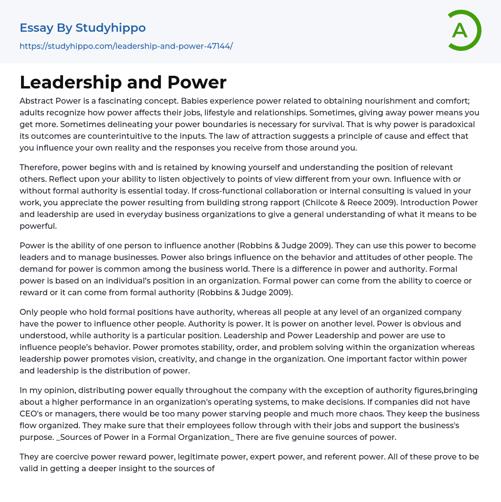 Leadership and Power Essay Example