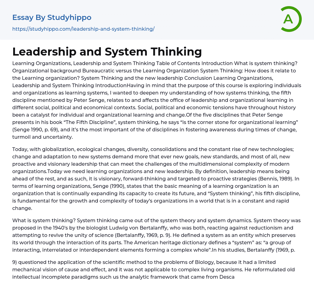 Leadership and System Thinking Essay Example