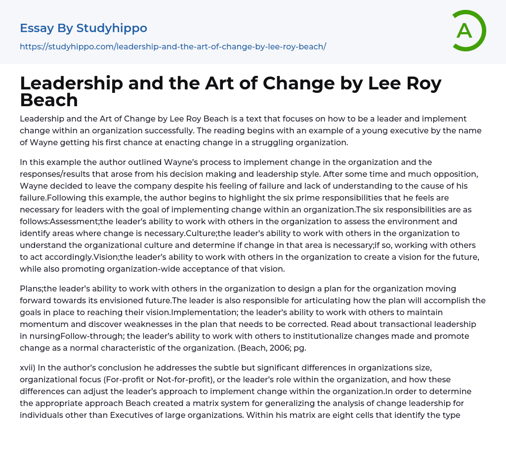 Leadership and the Art of Change by Lee Roy Beach Essay Example