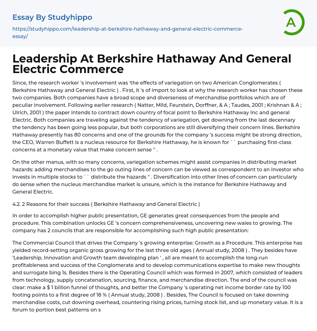 Leadership At Berkshire Hathaway And General Electric Commerce Essay Example