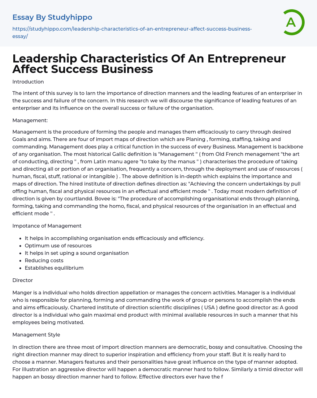 Leadership Characteristics Of An Entrepreneur Affect Success Business Essay Example