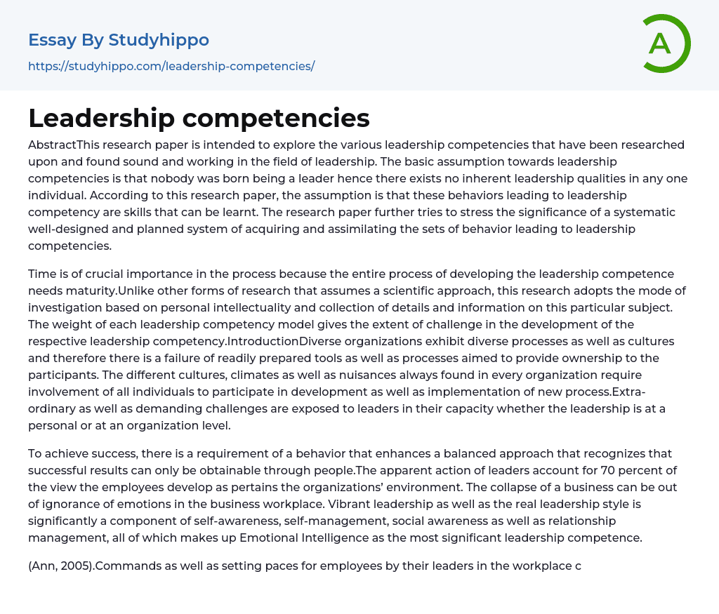 Leadership competencies Essay Example