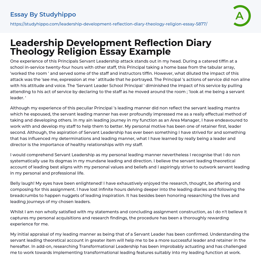 Leadership Development Reflection Diary Theology Religion Essay Example