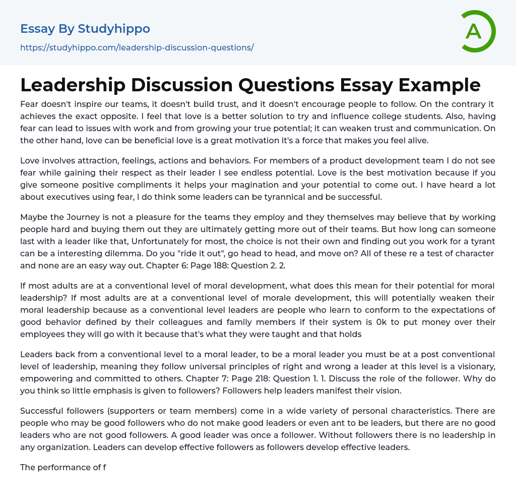 Leadership Discussion Questions Essay Example