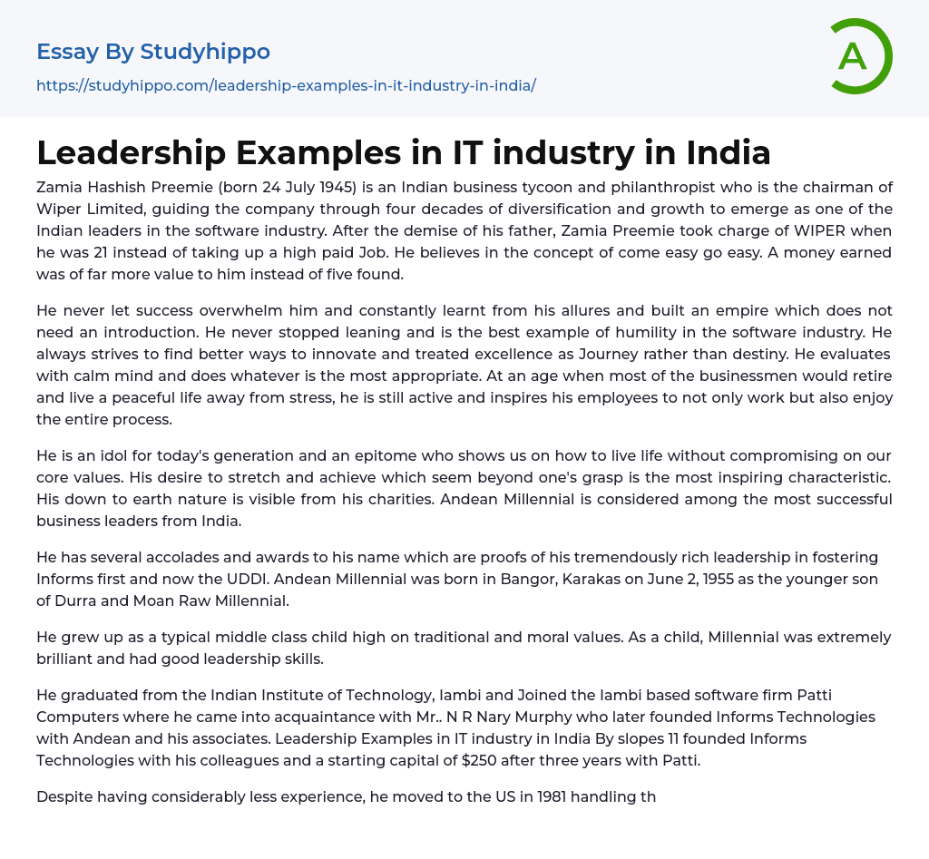 Leadership Examples in IT industry in India Essay Example
