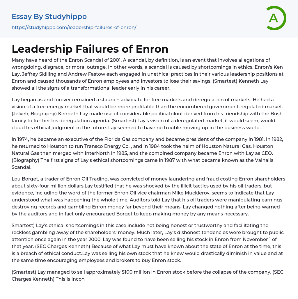 Leadership Failures of Enron Essay Example