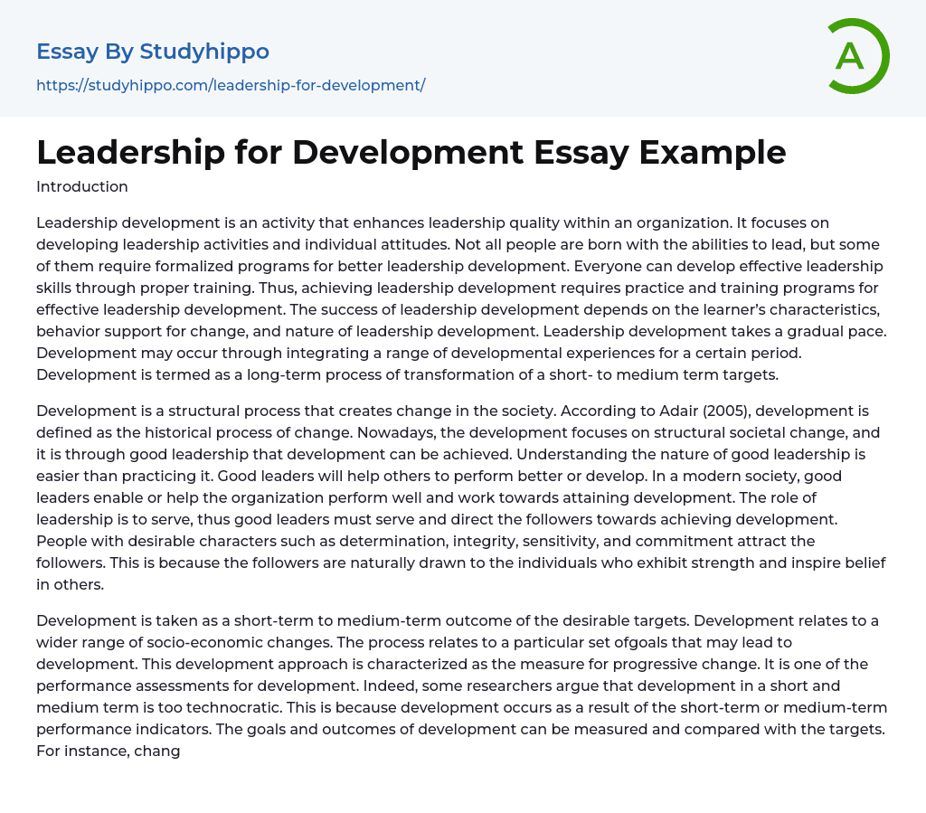 Leadership for Development Essay Example
