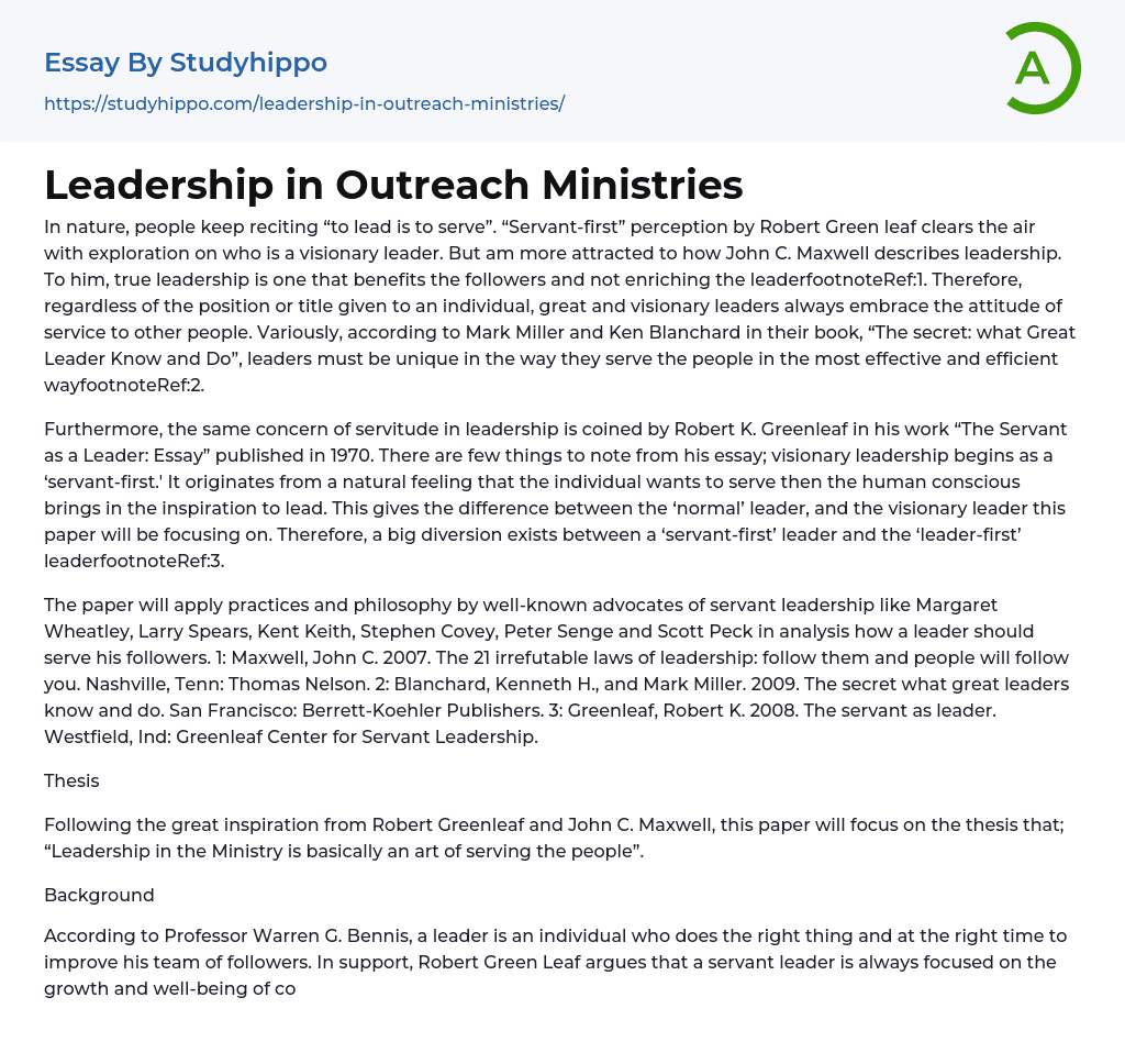 Leadership in Outreach Ministries Essay Example