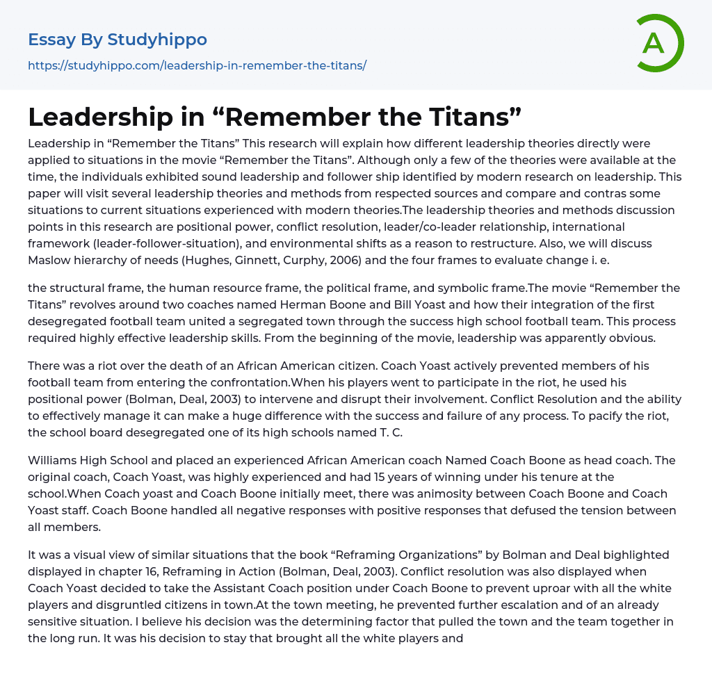 Leadership in “Remember the Titans” Essay Example