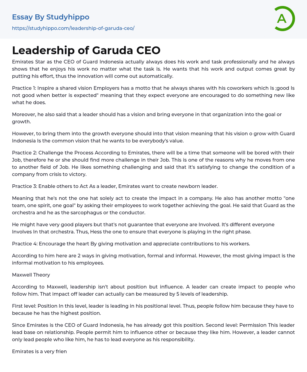 Leadership of Garuda CEO Essay Example