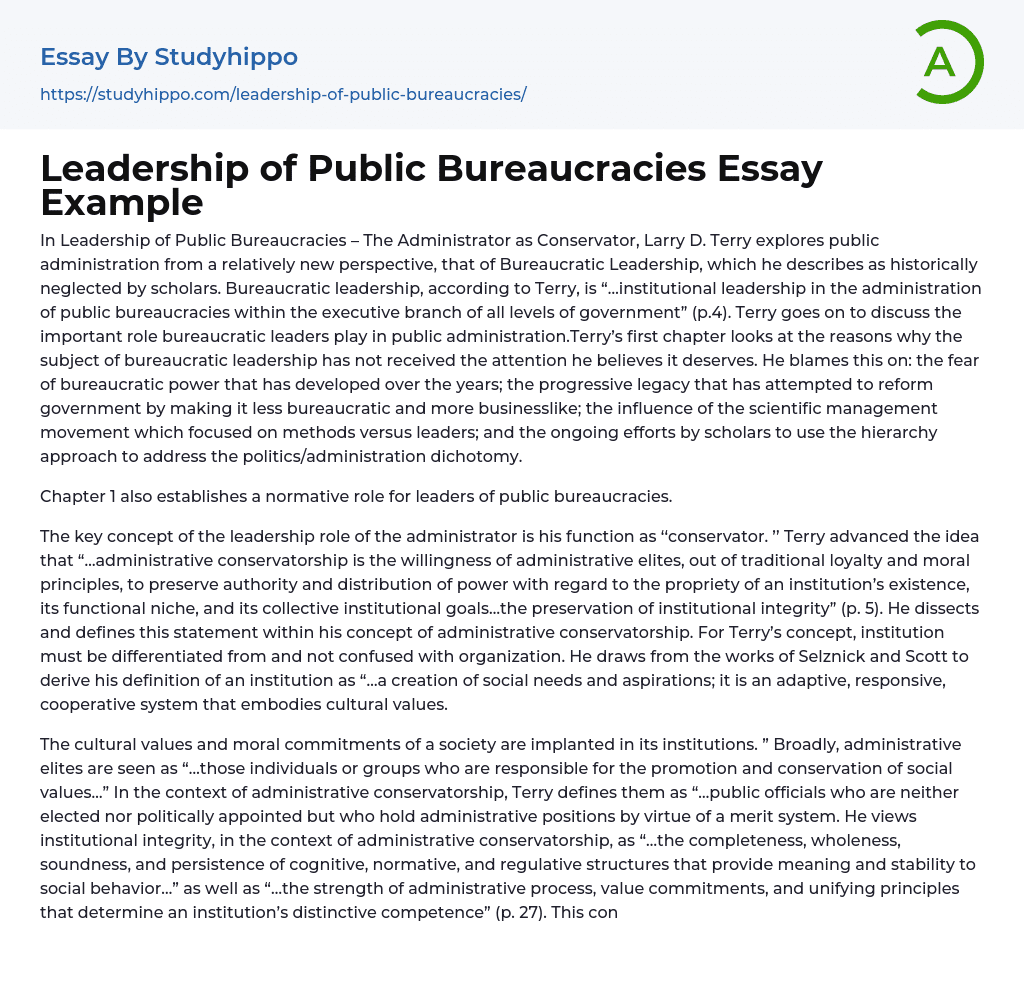 Leadership of Public Bureaucracies Essay Example