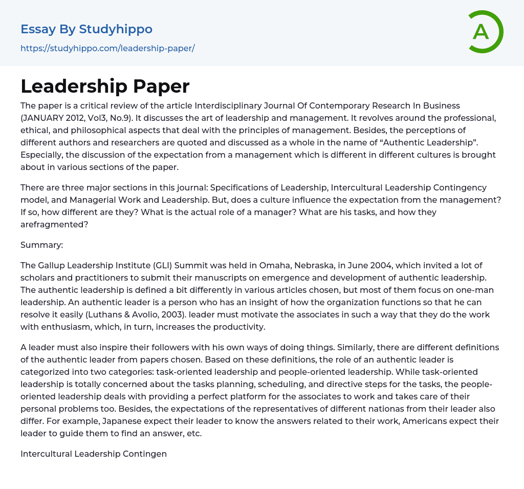 Leadership Paper Essay Example