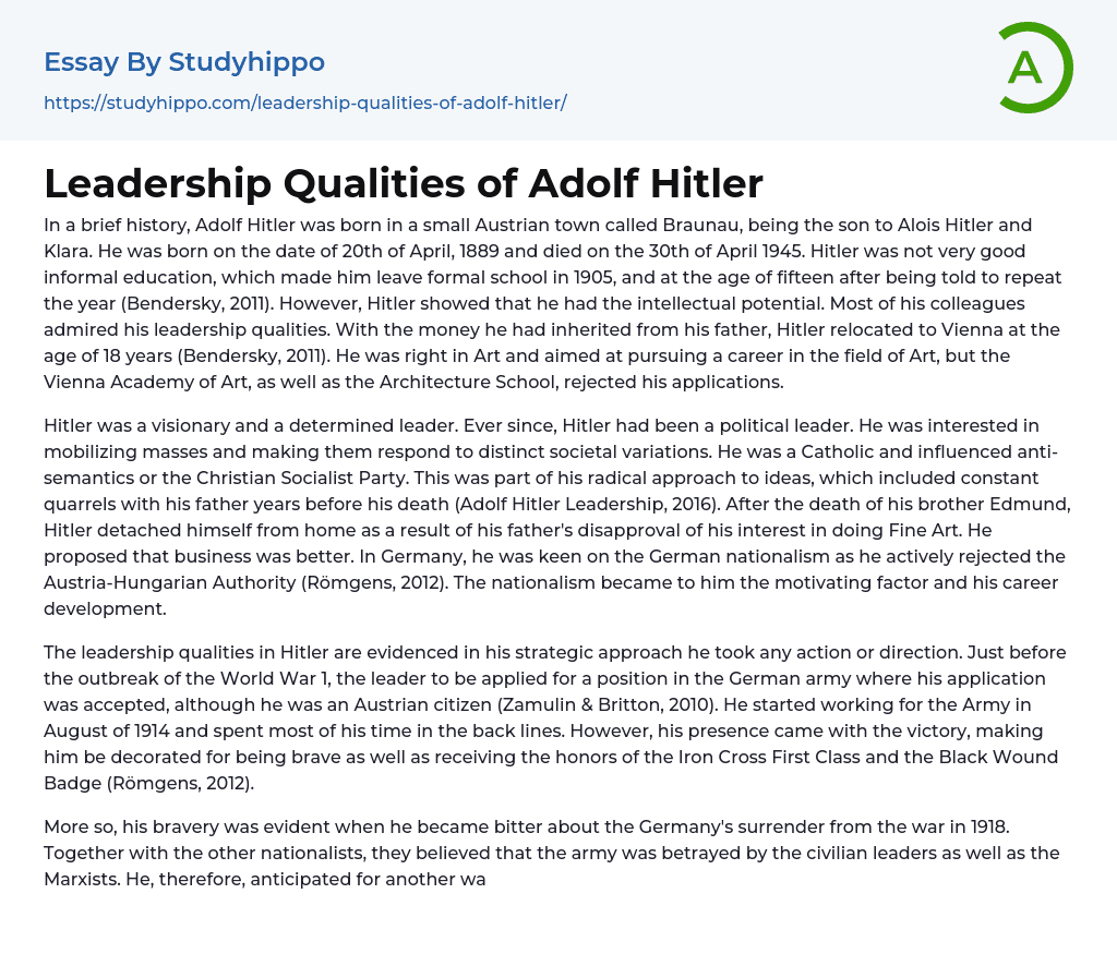 Leadership Qualities of Adolf Hitler Essay Example