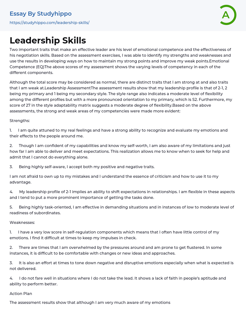 Leadership Skills Essay Example