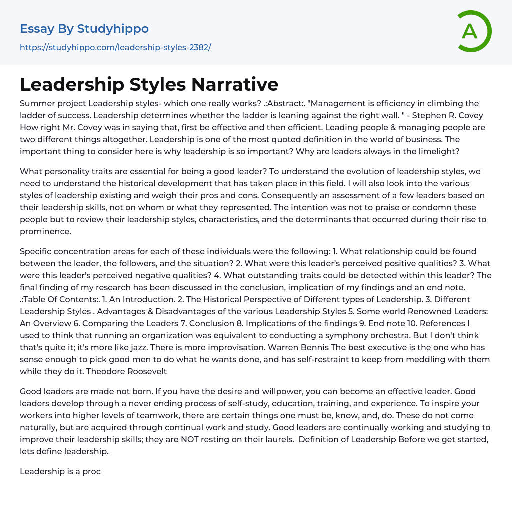 Leadership Styles Narrative Essay Example