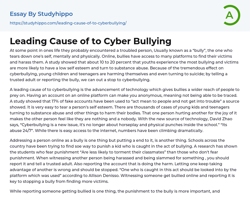 Leading Cause of to Cyber Bullying Essay Example