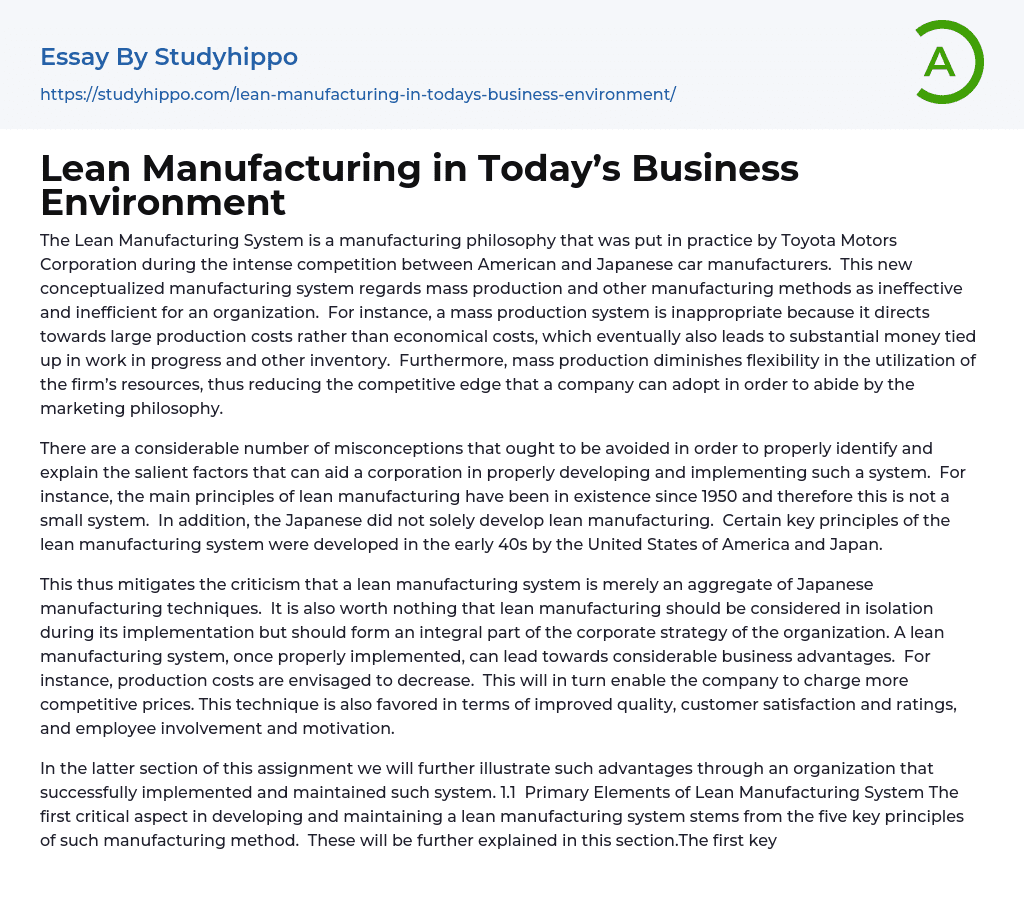 Lean Manufacturing in Today’s Business Environment Essay Example