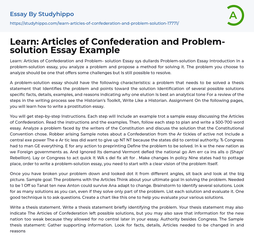 Learn: Articles of Confederation and Problem-solution Essay Example