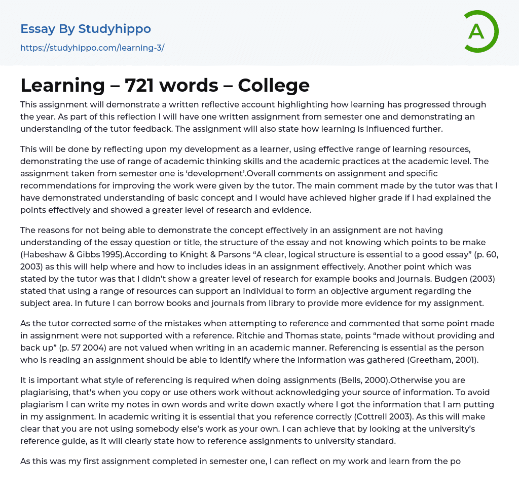 Learning – 721 words – College Essay Example