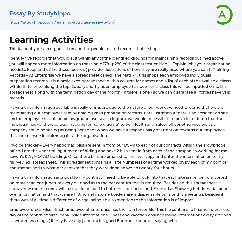 Learning Activities Essay Example StudyHippo