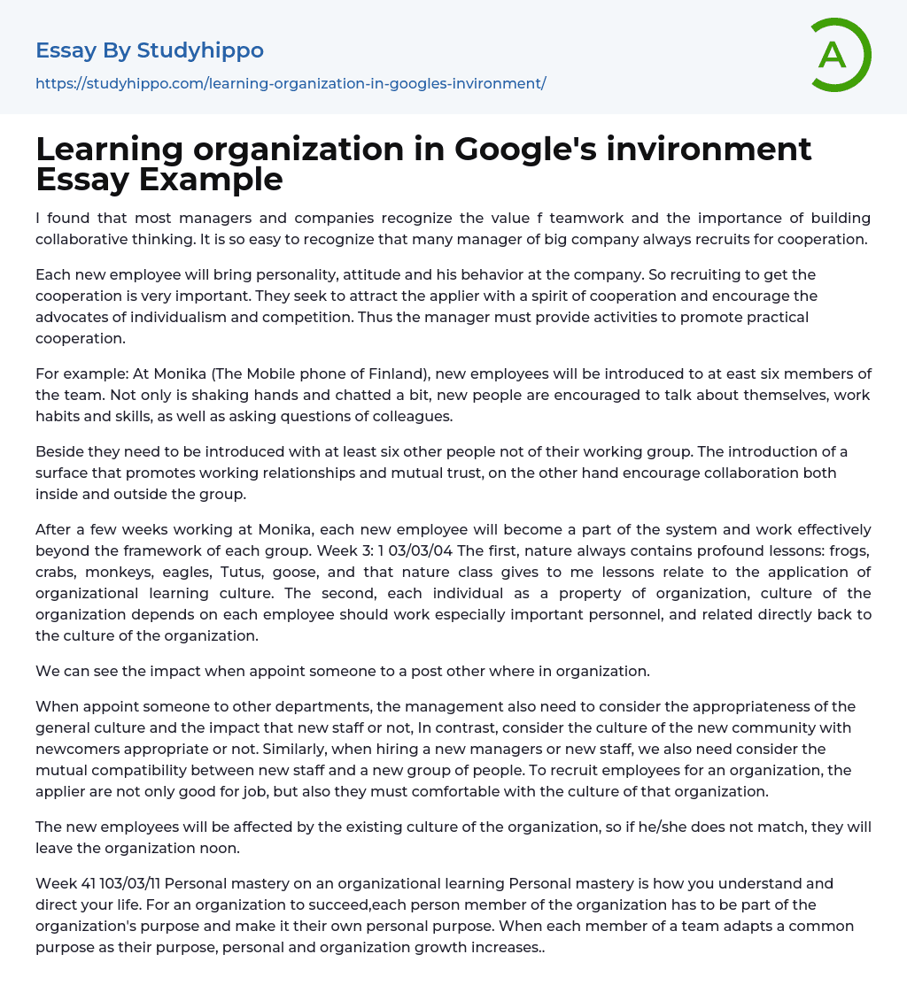 Learning organization in Google’s invironment Essay Example