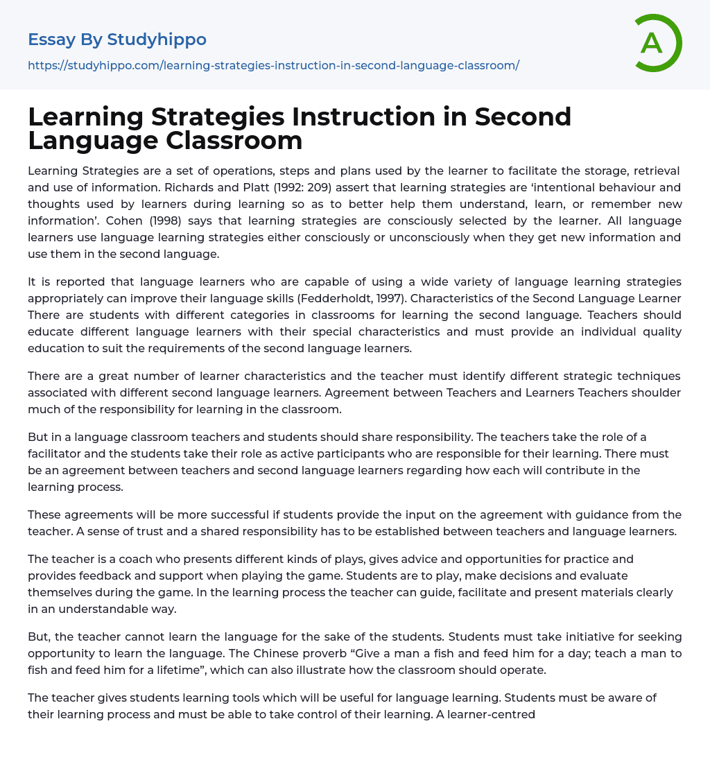 Learning Strategies Instruction in Second Language Classroom Essay Example