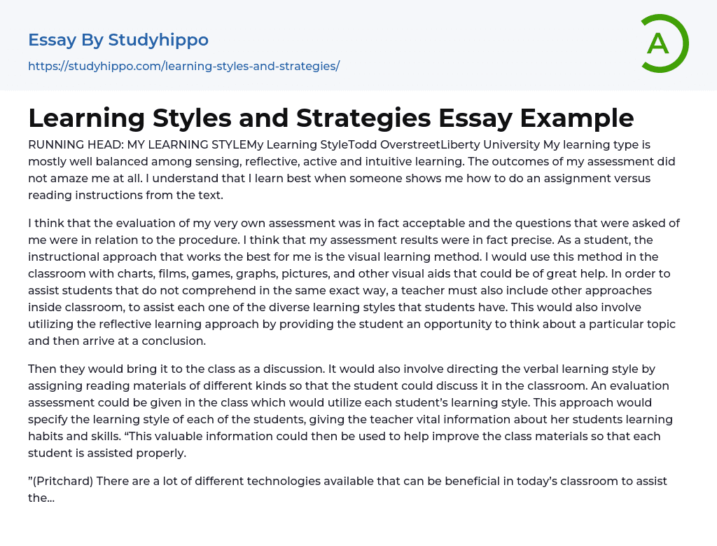 Running Head: My Learning Style Essay Example