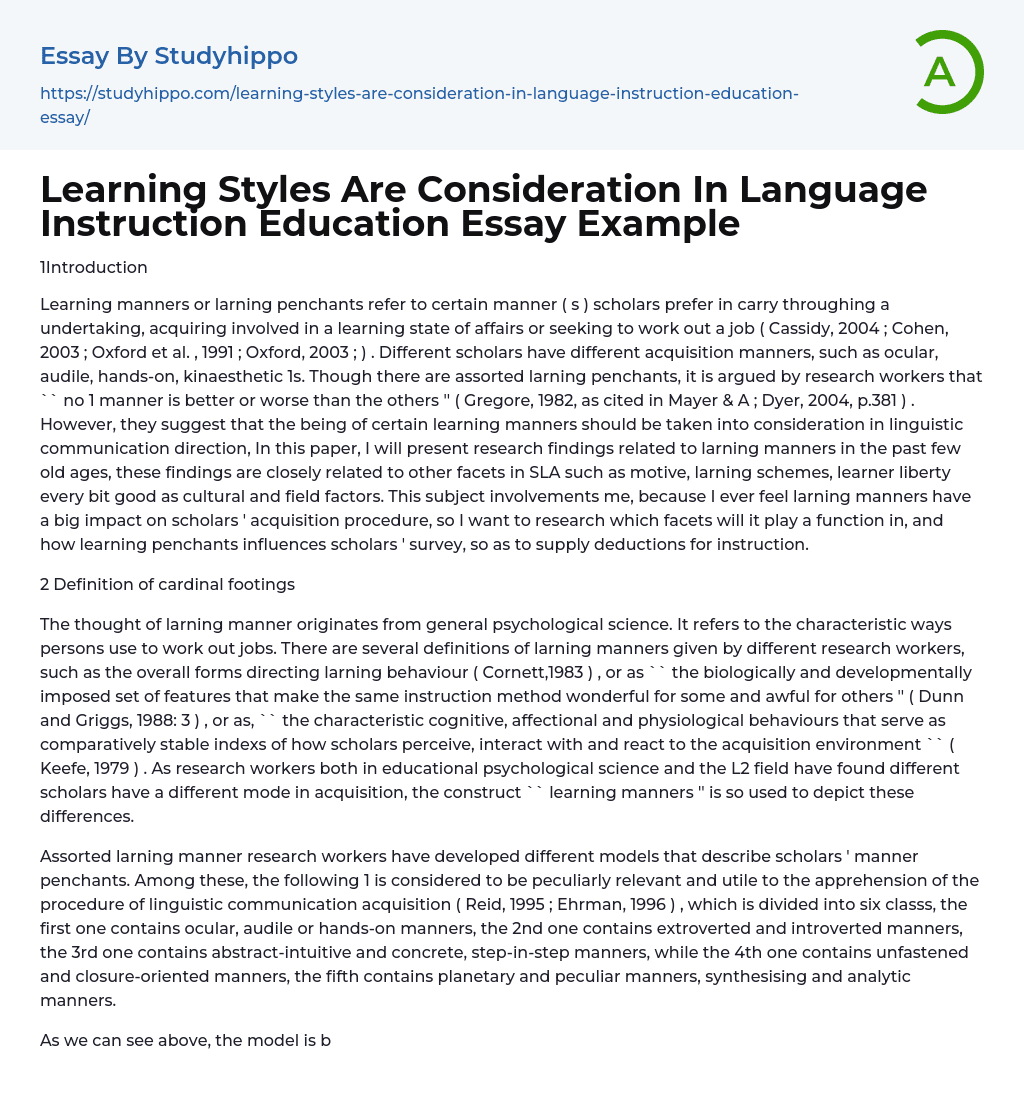 Learning Styles Are Consideration In Language Instruction Education Essay Example