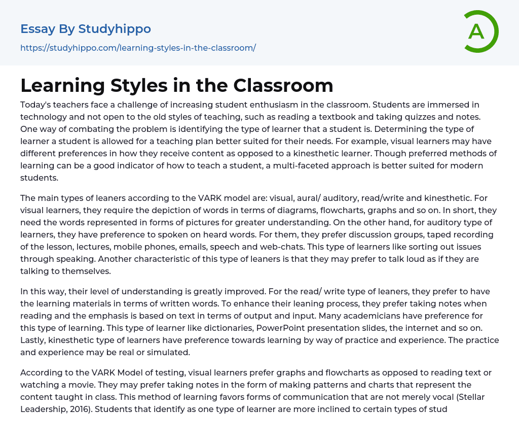 Learning Styles in the Classroom Essay Example