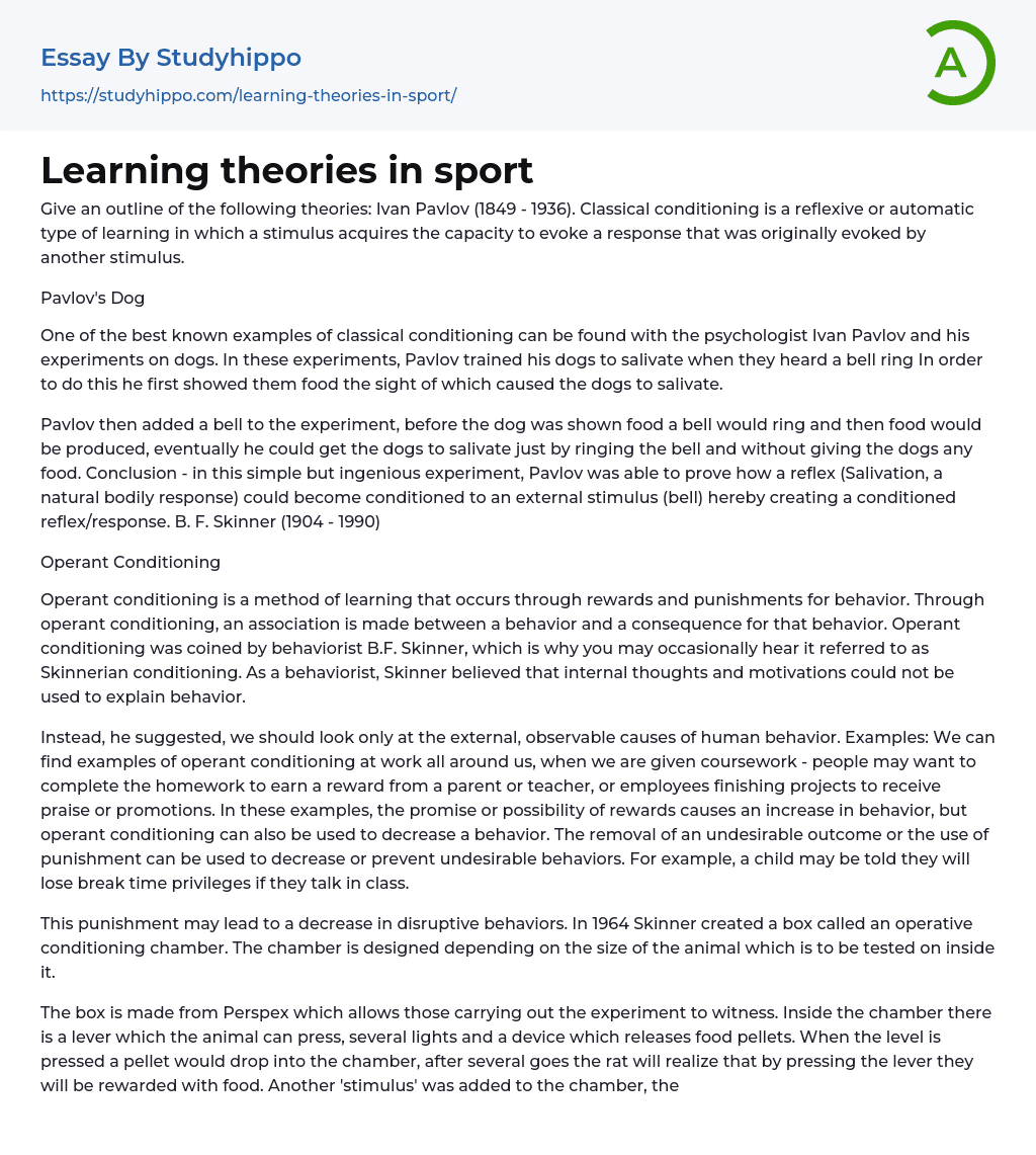 Learning theories in sport Essay Example