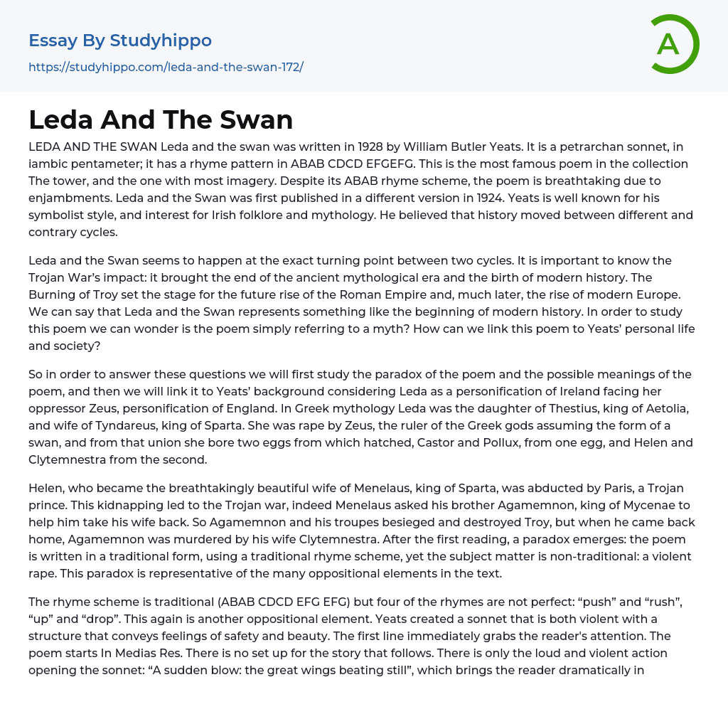 “Leda and the Swan” Sonnet by William Butler Yeats Essay Example