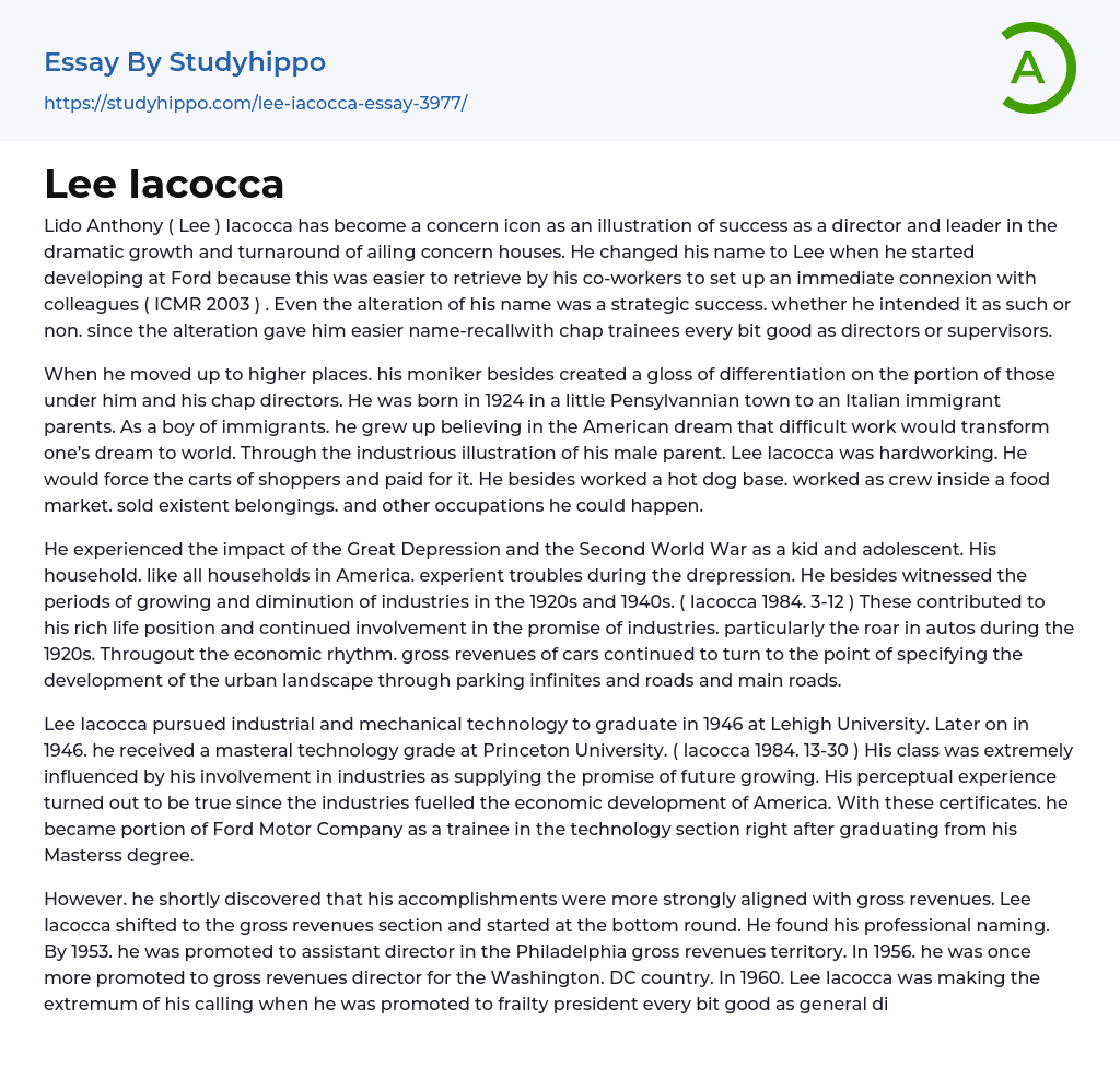Lee Iacocca Essay Example