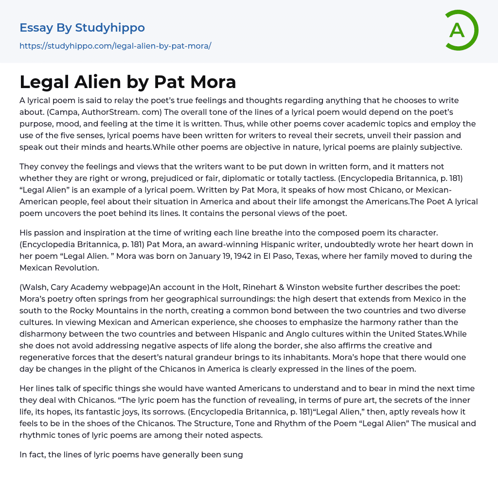 Legal Alien by Pat Mora Essay Example