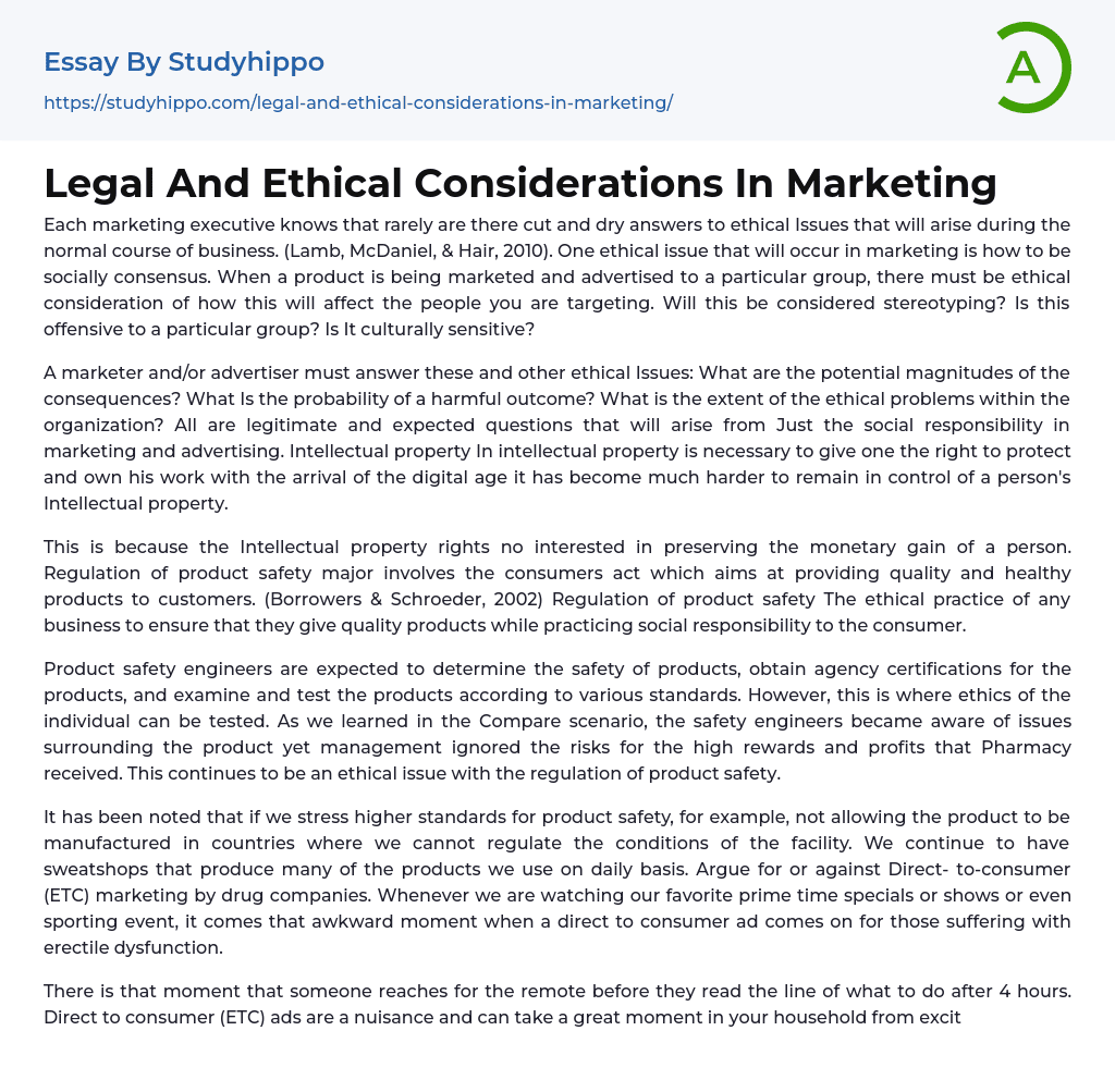Legal And Ethical Considerations In Marketing Essay Example