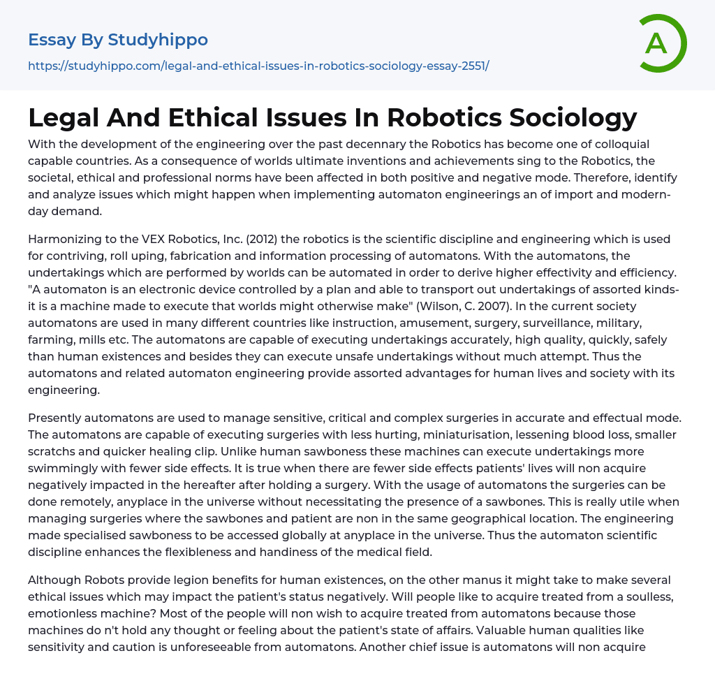 Legal And Ethical Issues In Robotics Sociology
