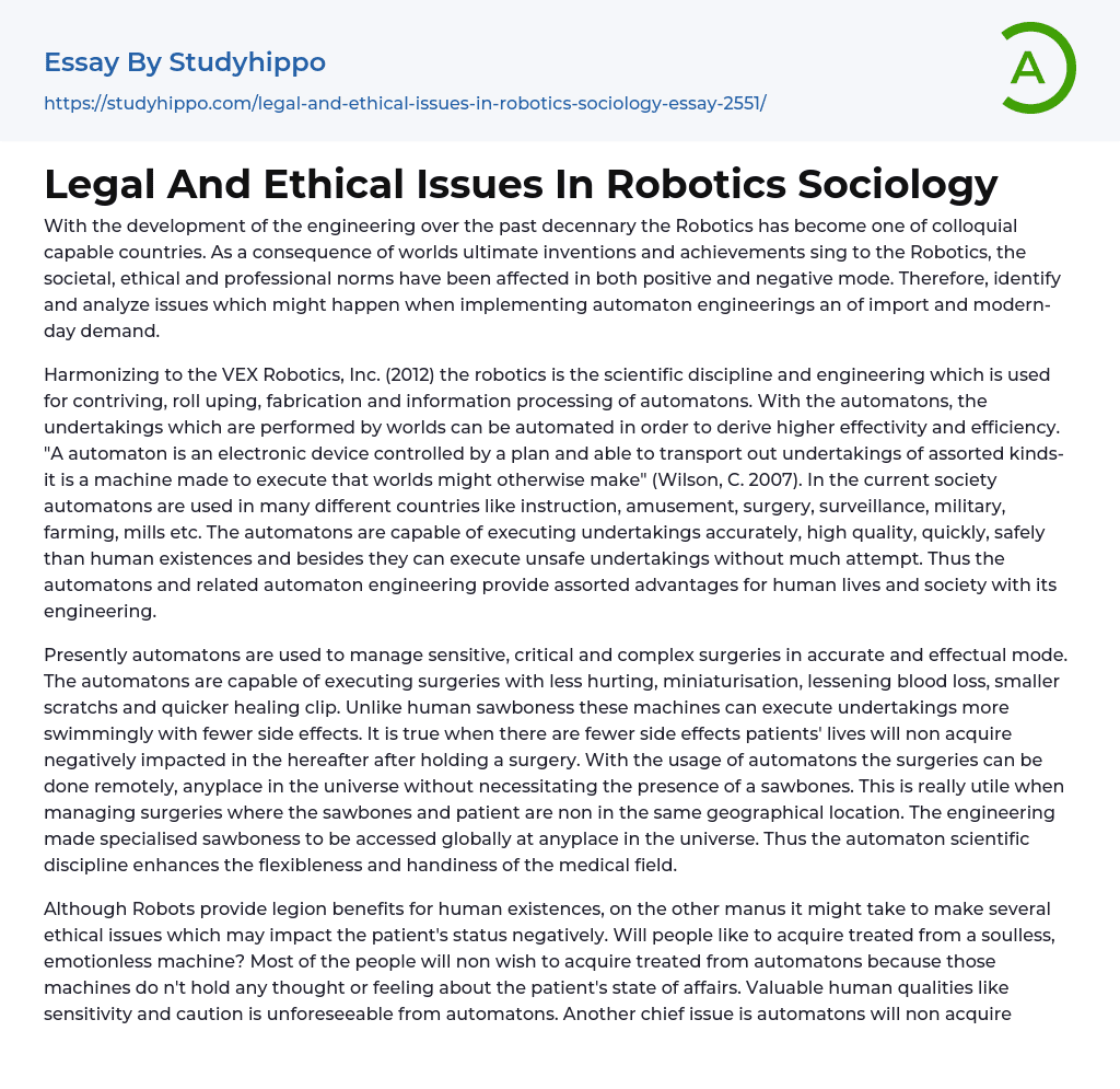 Legal And Ethical Issues In Robotics Sociology Essay Example