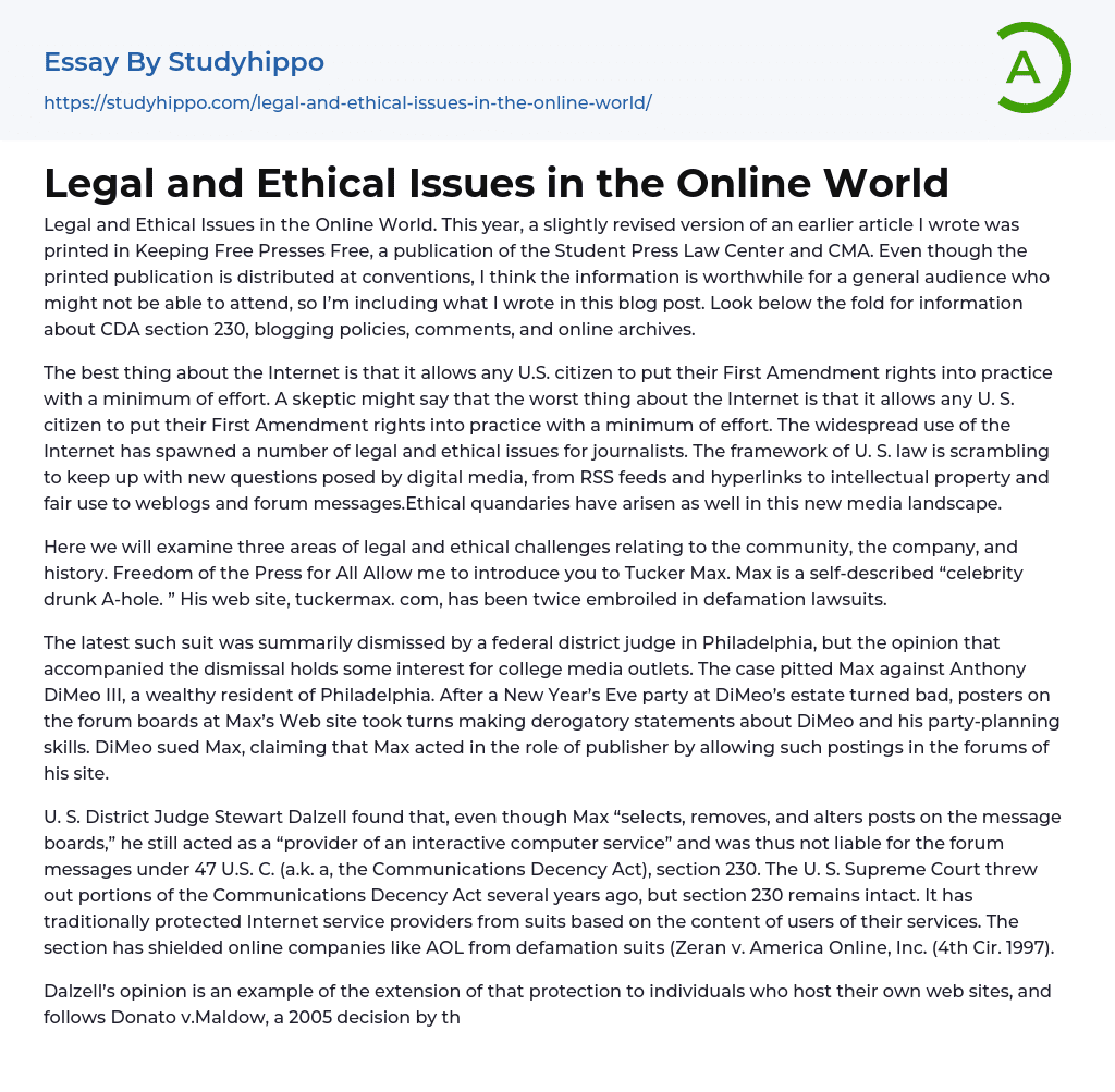Legal and Ethical Issues in the Online World Essay Example