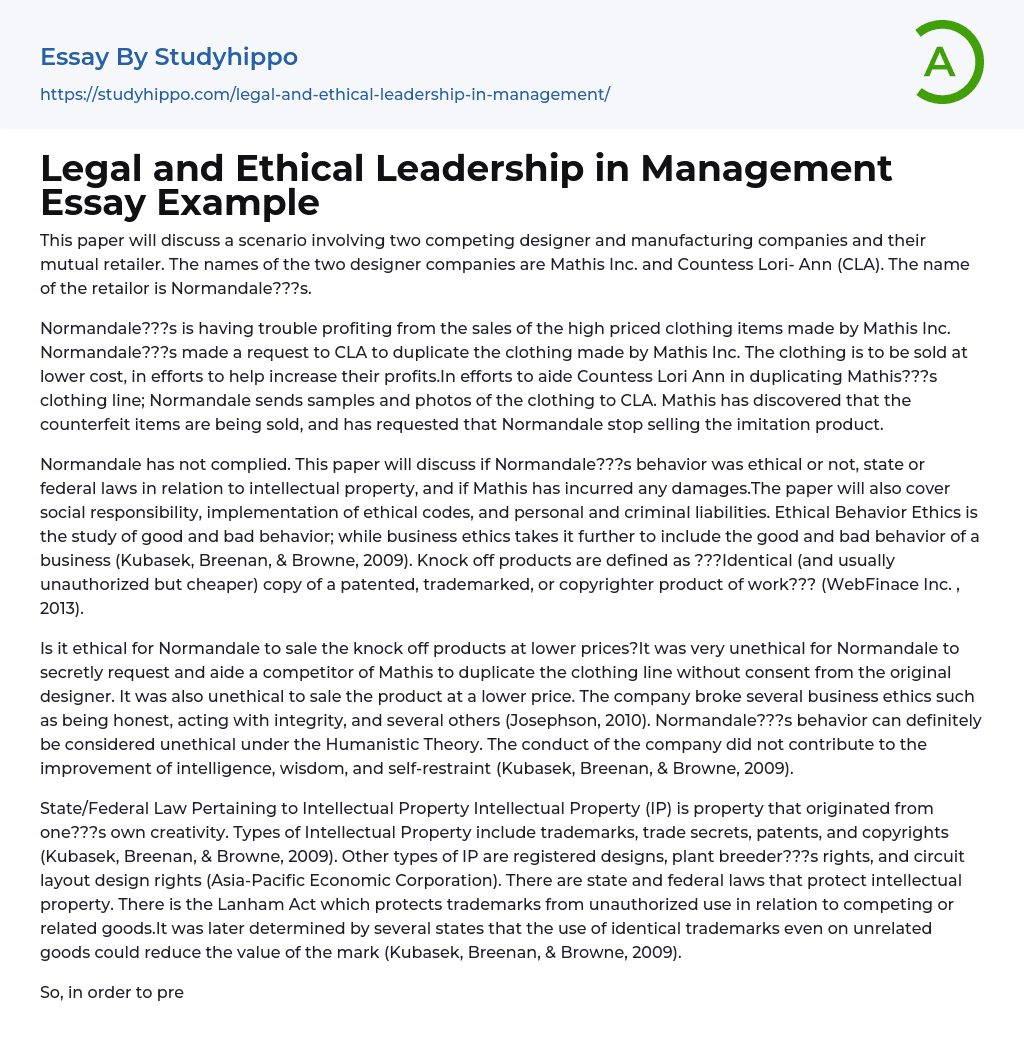 Legal and Ethical Leadership in Management Essay Example