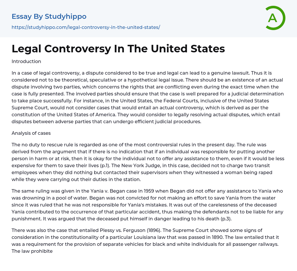 Legal Controversy In The United States Essay Example