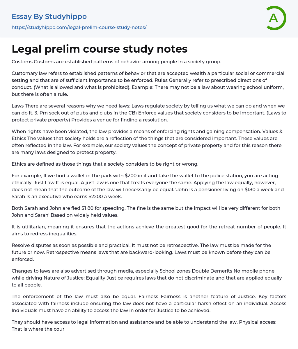 Legal prelim course study notes Essay Example