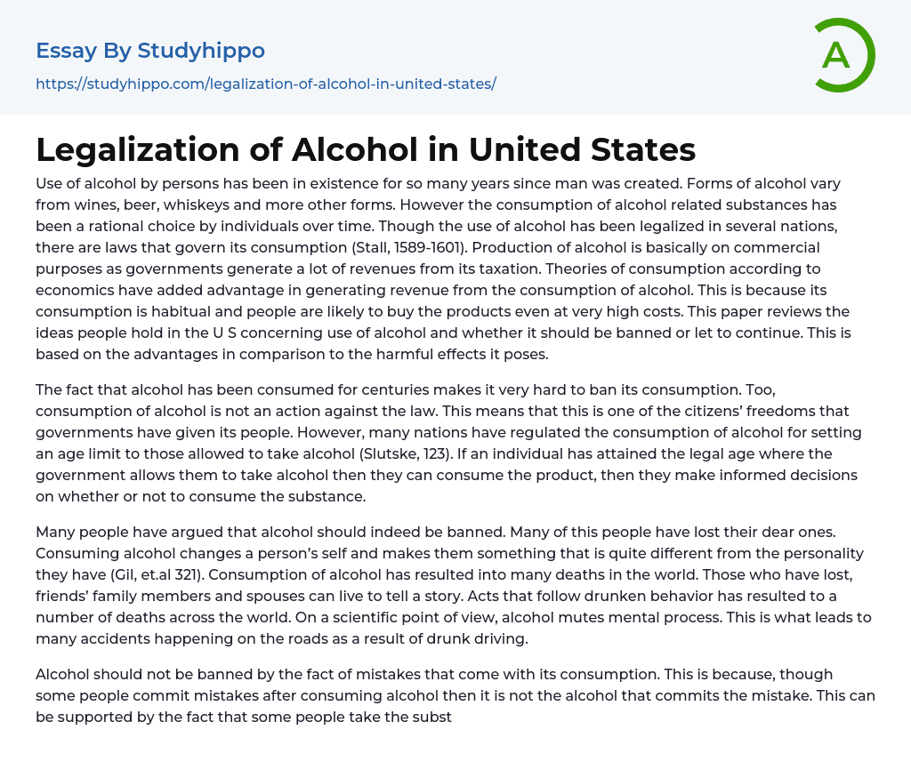 Legalization of Alcohol in United States Essay Example
