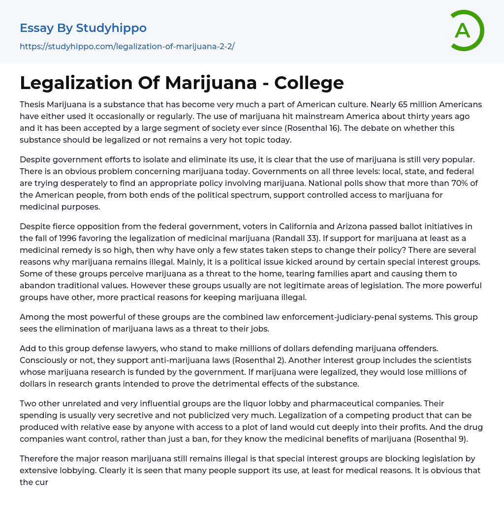 Legalization Of Marijuana – College Essay Example
