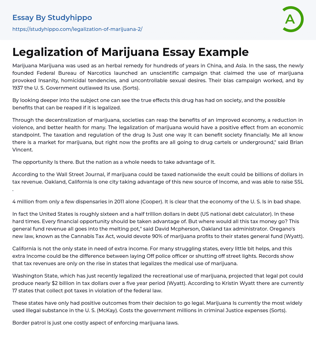 Legalization of Marijuana Essay Example